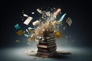 Stack of books exploding into pages and letters swirling around illustration photo