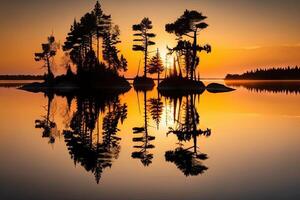 puesta de sol Entre el arboles con reflexiones en un lago ilustración generativo ai foto