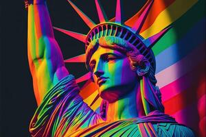 estatua de libertad en el arco iris colores. lgbtq comunidad defensores para tolerancia hacia género, sexualidad y identidad ilustración generativo ai foto