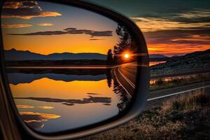 sunset on a car mirror illustration photo
