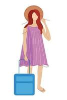 mujer con un maleta en un vestir y sombrero vector