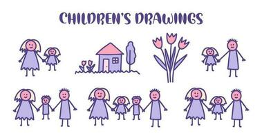 Set of kids doodle with different family drawings. vector