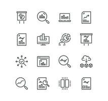 Set of data analysis related icons, charts, graphs, traffic analysis, datum, compute, reports, filter, research and linear variety vectors. vector