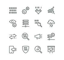 Set of data analysis related icons, charts, graphs, traffic analysis, datum, compute, reports, filter, research and linear variety vectors. vector