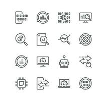 Set of data analysis related icons, charts, graphs, traffic analysis, datum, compute, reports, filter, research and linear variety vectors. vector