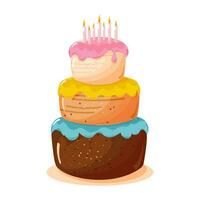 Three-tiered cake with candles on a white background. 2d vector, cartoon style. vector