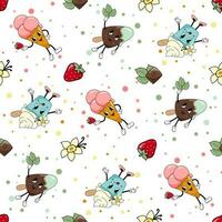 Fun ice cream, 70s style characters. Seamless pattern. Strawberry in a cone, vanilla in a cup, chocolate on a stick vector