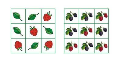 vector illustration set of playing fields for the game tic-tac-toe or naughts and crosses. version with strawberries, leaves, raspberries and blackberries