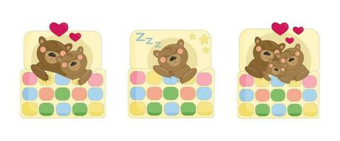vector illustration set sleeping family of brown cartoon bears under a patchwork quilt blanket in beds