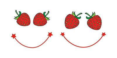 vector illustration set of kind and scarcastic strawberry smiles. Facial expression and emotions