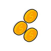 Gold coin falling right view Black Stroke and Shadow icon vector isometric. Flat style vector illustration.