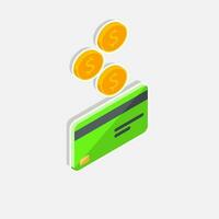 Cash get a bank card Green right view - White Stroke with Shadow icon vector isometric. Cashback service and online money refund. Concept of transfer money, e-commerce, saving account.