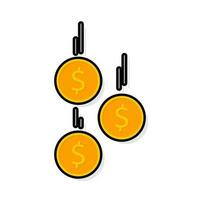 Gold coins falling Black Stroke and Shadow icon vector isolated. Flat style vector illustration.