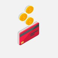Cash get a bank card Red right view - White Stroke with Shadow icon vector isometric. Cashback service and online money refund. Concept of transfer money, e-commerce, saving account.