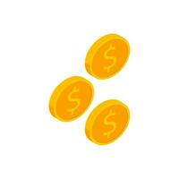 Gold coin falling right view White Background icon vector isometric. Flat style vector illustration.