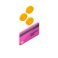 Cash get a bank card Pink right view - White Background icon vector isometric. Cashback service and online money refund. Concept of transfer money, e-commerce, saving account.