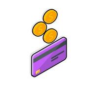 Cash get a bank card Purple right view - Black Stroke with Shadow icon vector isometric. Cashback service and online money refund. Concept of transfer money, e-commerce, saving account.