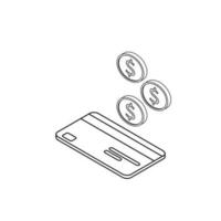 Cash get a bank card left view - Black Outline icon vector isometric. Cashback service and online money refund. Concept of transfer money, e-commerce. Flat style vector illustration.