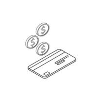 Cash get a bank card right view - Black Outline icon vector isometric. Cashback service and online money refund. Concept of transfer money, e-commerce. Flat style vector illustration.