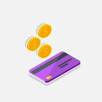 Cash get a bank card Purple right view - White Stroke with Shadow icon vector isometric. Cashback service and online money refund. Concept of transfer money, e-commerce, saving account.