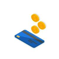 Cash get a bank card Blue left view - Shadow icon vector isometric. Cashback service and online money refund. Concept of transfer money, e-commerce, saving account.