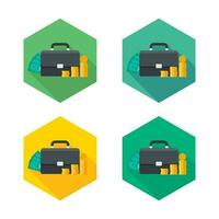 Briefcase, Dollar money cash icon, Gold coin stack icon vector isolated. Flat style vector illustration.