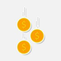 Gold coins falling White Stroke and Shadow icon vector isolated. Flat style vector illustration.