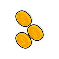 Gold coin falling left view Black Stroke and Shadow icon vector isometric. Flat style vector illustration.