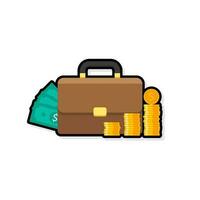 Briefcase, Dollar money cash icon, Gold coin stack Black Stroke and Shadow icon vector isolated. Flat style vector illustration.