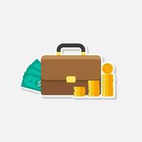 Briefcase, Dollar money cash icon, Gold coin stack White Stroke and Shadow icon vector isolated. Flat style vector illustration.