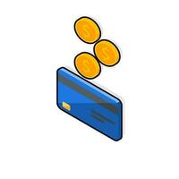 Cash get a bank card Blue left view - Black Stroke with Shadow icon vector isometric. Cashback service and online money refund. Concept of transfer money, e-commerce, saving account.