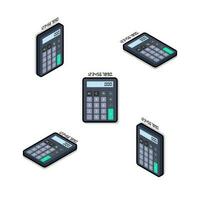 Calculator and Digital number Isometric and Flat Black Stroke and Shadow icon vector. Flat style vector illustration.