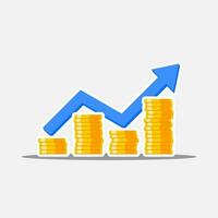 Gold coins price up blue graph White Stroke and Shadow icon vector isolated. Price dollar up. Flat style vector illustration.