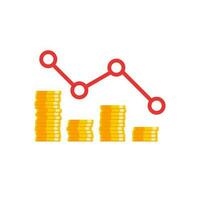 Gold coins price down red graph White Background icon vector isolated. Price dollar down. Flat style vector illustration.