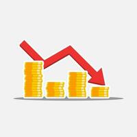 Gold coins price down red graph White Stroke and Shadow icon vector isolated. Price dollar down. Flat style vector illustration.