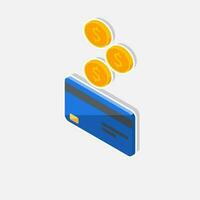 Cash get a bank card Blue left view - White Stroke with Shadow icon vector isometric. Cashback service and online money refund. Concept of transfer money, e-commerce, saving account.