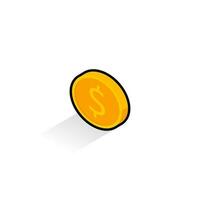 Gold coin left view Black Stroke and Shadow icon vector isometric. Flat style vector illustration.