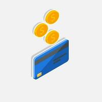 Cash get a bank card Blue right view - White Stroke with Shadow icon vector isometric. Cashback service and online money refund. Concept of transfer money, e-commerce, saving account.