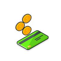 Cash get a bank card Green right view - Black Stroke with Shadow icon vector isometric. Cashback service and online money refund. Concept of transfer money, e-commerce, saving account.