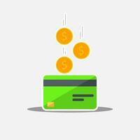 Cash get a bank card Green - White Stroke with Shadow icon vector isolated. Cashback service and online money refund. Concept of transfer money, e-commerce, saving account.