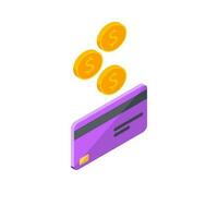 Cash get a bank card Purple right view - White Background icon vector isometric. Cashback service and online money refund. Concept of transfer money, e-commerce, saving account.