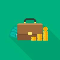 Briefcase, Dollar money cash icon, Gold coin stack icon vector isolated. Flat style vector illustration.