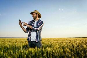 A farmer examining the crop photo