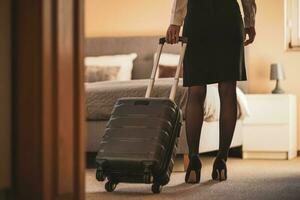 A businesswoman in her room after returning from a trip photo