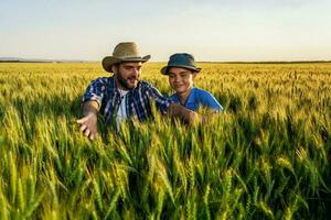 Father and son standing in a wheat field photo