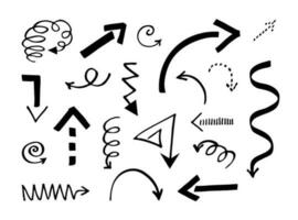 Arrows hand drawn with a marker. Doodle signs set in many directions moving abstract design art, business design element.Isolated background. Vector illustration