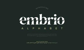 Embrio abstract digital technology logo font alphabet. Minimal modern urban fonts for logo, brand etc. Typography typeface uppercase lowercase and number. vector illustration