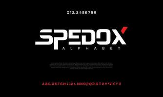 Spedox abstract digital technology logo font alphabet. Minimal modern urban fonts for logo, brand etc. Typography typeface uppercase lowercase and number. vector illustration