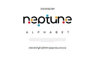 Neptuno resumen digital tecnología logo fuente alfabeto. mínimo moderno urbano fuentes para logo, marca etc. tipografía tipo de letra mayúscula minúsculas y número. vector ilustración