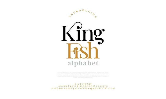 Kingfish elegant alphabet letters font and number. Classic Lettering Minimal Fashion Designs. Typography modern serif fonts decorative vintage design concept. vector illustration